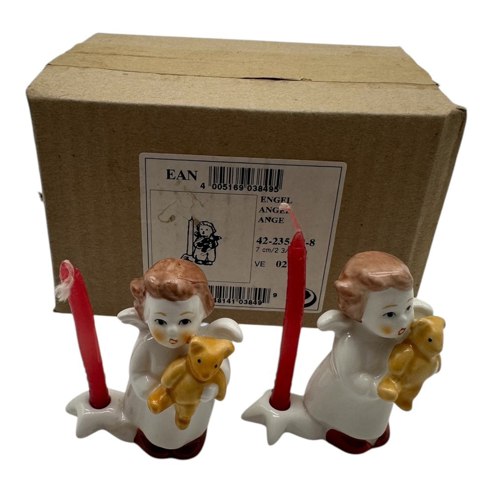 2 Vintage Goebel Christmas Candle Holders Angel w/ Teddy Bear 2.5" NEW IN BOX‎